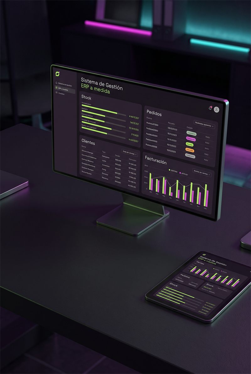 Monitor y tablet con un sistema de gestión: stock, pedidos, clientes y facturación